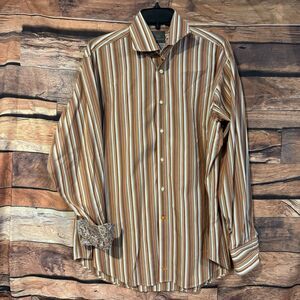 Thomas Dean Shirt Mens Large Brown Orange Striped Button Down Floral Flip Cuff L